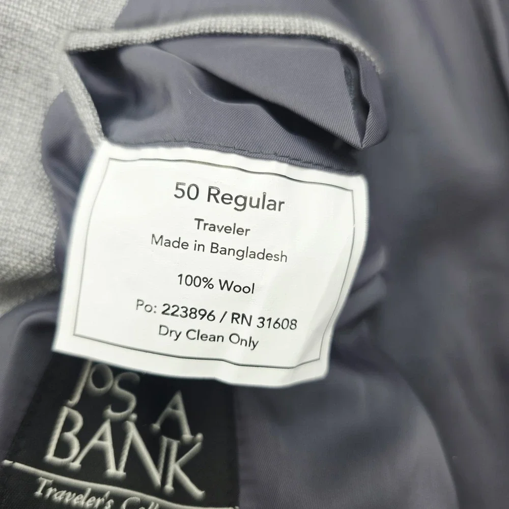 Jos. A. Bank Men 50R Traveler 100% Wool Gray Two Button Blazer Sport Coat Jacket